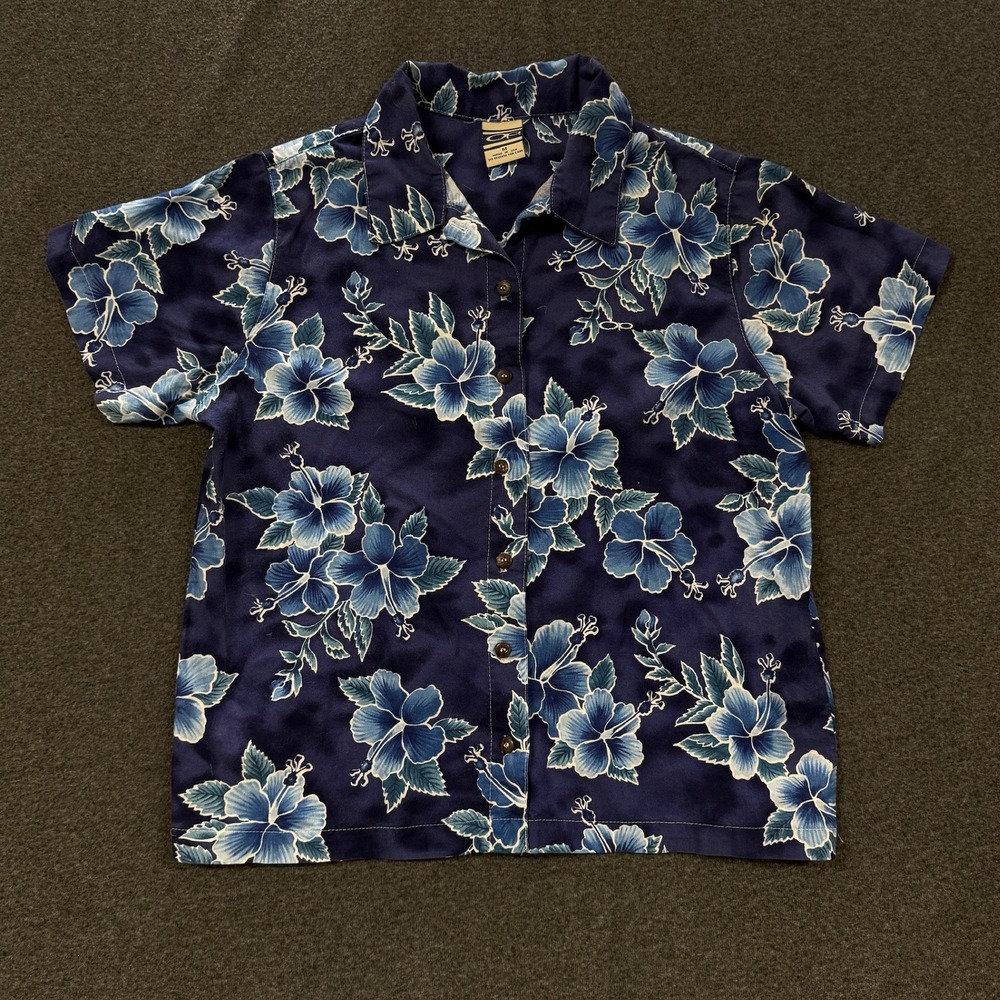 Ocean Pacific Hibiscus Button Down Shirt Mens Medium Navy Blue Excellent Aloha